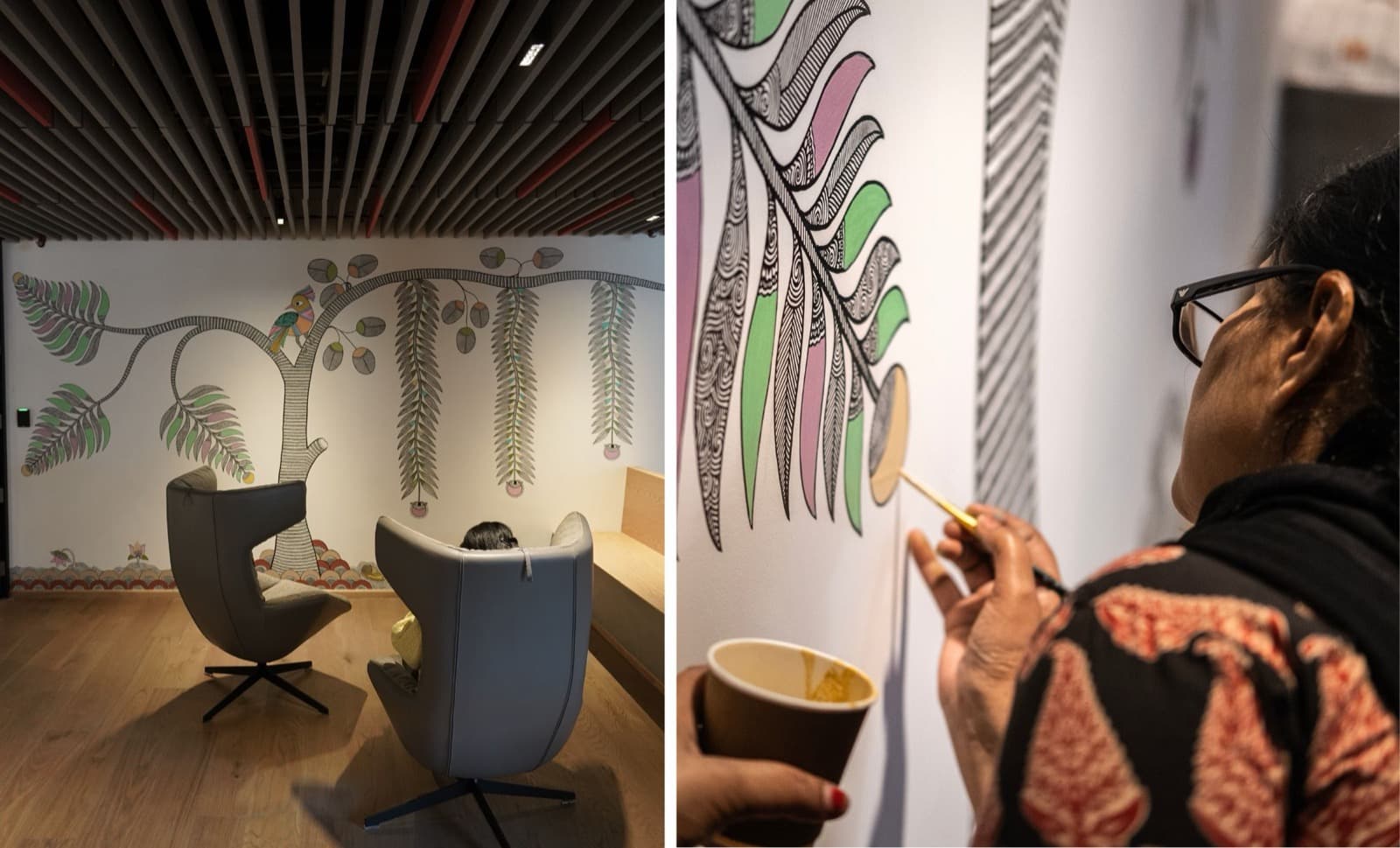 (left)Madhubani Mural in the office space, (right) Madhubani artist from Then & Now working on the mural