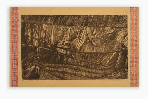 AGWMA BASUMATARI | Weaving, 2022 | woodcut on grass paper | 12 x 14 ″